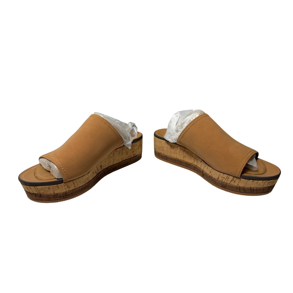 Naturalizer Women Tan Leather Cork Platform Slide Sandals Wedge Open Toe New - Picture 3 of 5